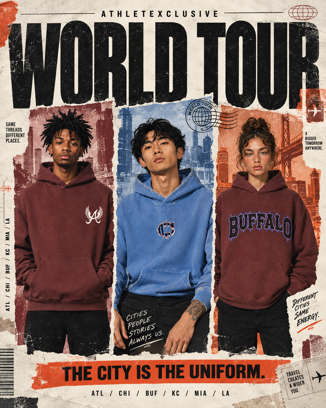 AthleteXclusive World Tour poster — three models in city colourways, the city is the uniform